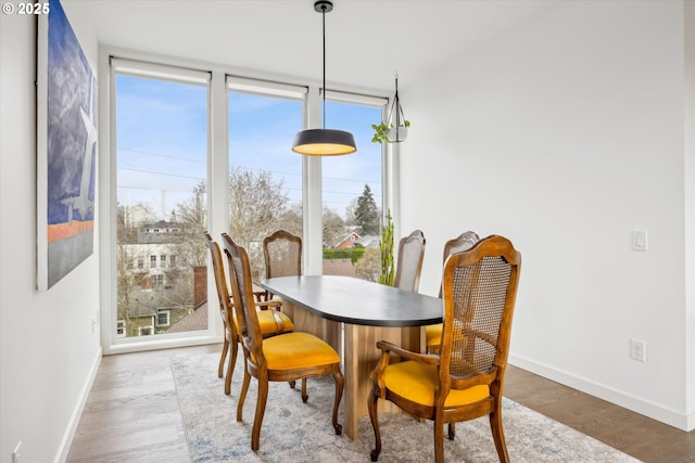 dining area featuring a wall of windows, hardwood / wood-style flooring, and plenty of natural light