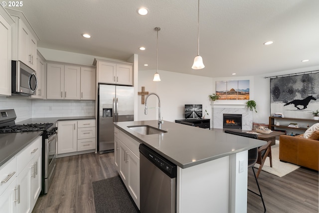 24200 SW Chestnut Ter, Sherwood, OR 97140 - kitchen with stainless steel appliances, open floor plan, dark wood-style flooring, a premium fireplace, and decorative backsplash