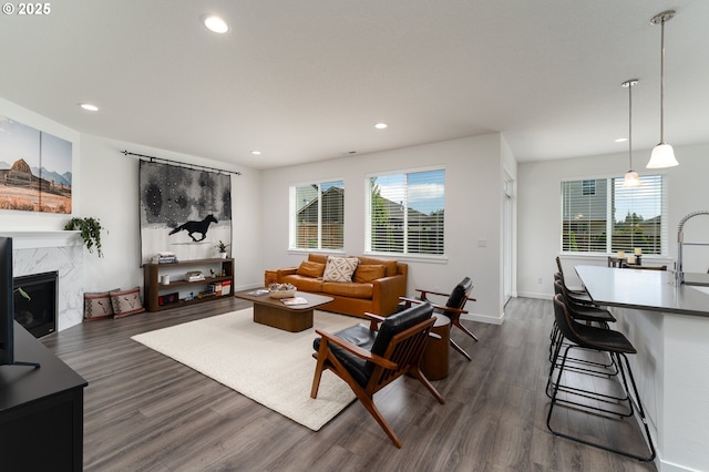 24200 SW Chestnut Ter, Sherwood, OR 97140 - living area with dark wood-style floors, plenty of natural light, recessed lighting, and a premium fireplace