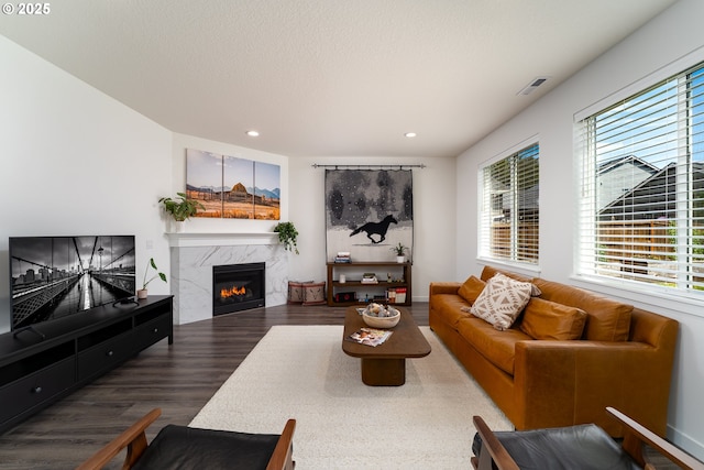 24200 SW Chestnut Ter, Sherwood, OR 97140 - living area with wood finished floors, healthy amount of natural light, a fireplace, and recessed lighting