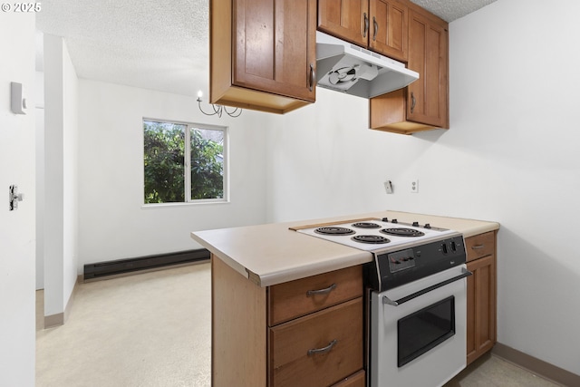 kitchen with a textured ceiling, a baseboard radiator, under cabinet range hood, white range with electric stovetop, and brown cabinetry