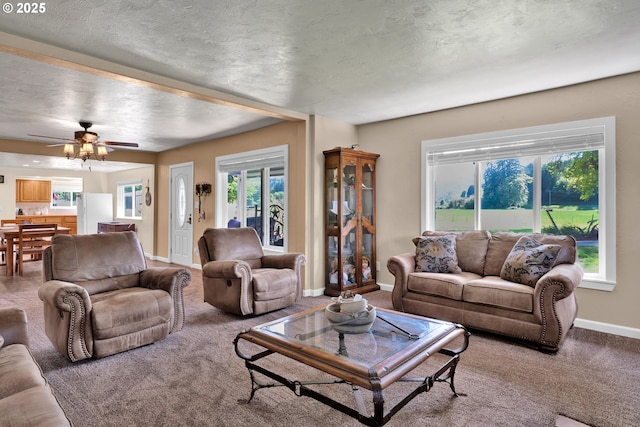 living room with healthy amount of natural light, carpet flooring, baseboards, a ceiling fan, and a textured ceiling