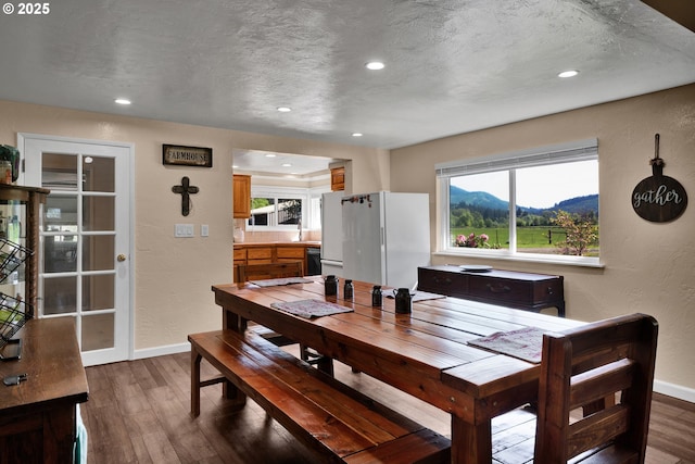 dining space featuring dark wood-type flooring, baseboards, a textured wall, recessed lighting, and a mountain view