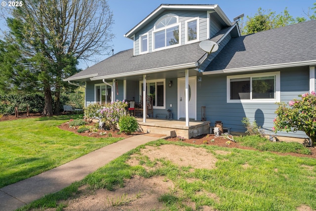 view of front of home featuring a porch, a front yard, and roof with shingles
