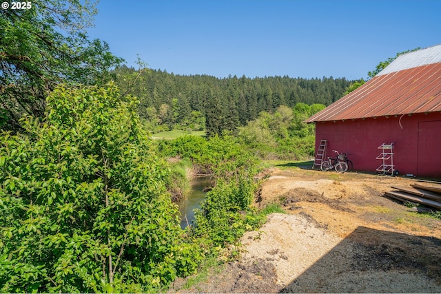 view of yard with a forest view and an outbuilding