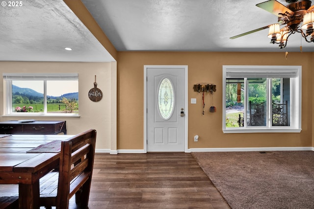 foyer featuring baseboards, a ceiling fan, dark wood-type flooring, a mountain view, and a textured ceiling