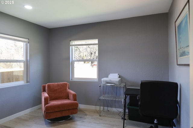 home office with baseboards, recessed lighting, and wood finished floors
