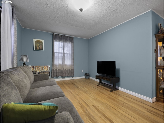 living room with hardwood / wood-style flooring and a textured ceiling