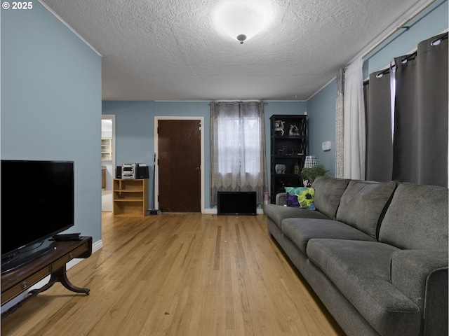 living room featuring a textured ceiling and light hardwood / wood-style flooring