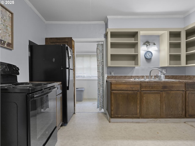 kitchen featuring black range with electric cooktop, ornamental molding, dark brown cabinets, and sink