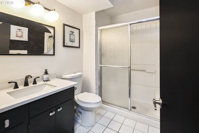 bathroom with tile patterned floors, vanity, toilet, and an enclosed shower