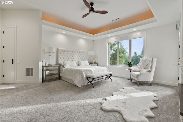 carpeted bedroom featuring a raised ceiling and ceiling fan