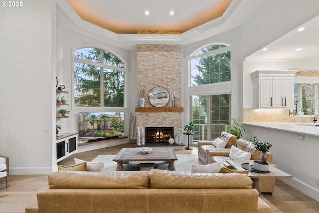 living room featuring sink, a fireplace, ornamental molding, light hardwood / wood-style floors, and a tray ceiling