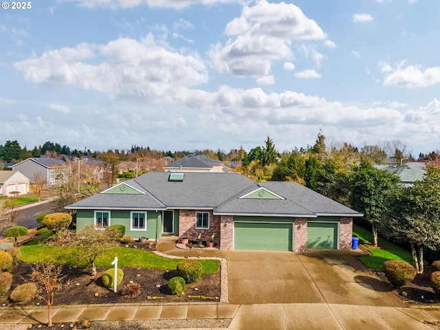 ranch-style house featuring a garage, driveway, brick siding, and a shingled roof