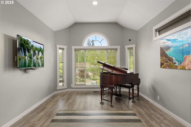 sitting room with wood finished floors, lofted ceiling, and baseboards