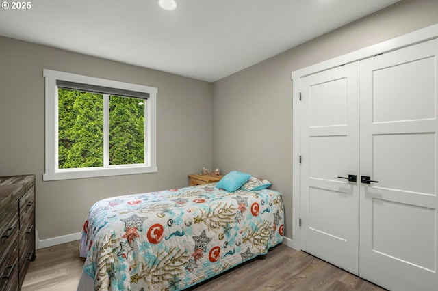 bedroom featuring wood finished floors, baseboards, and a closet