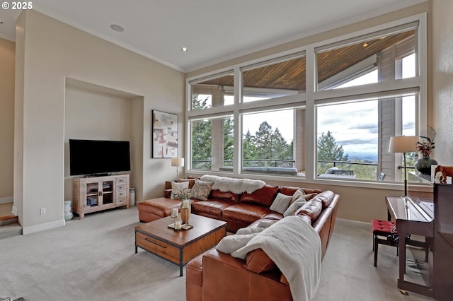 8333 NW Hazeltine St, Portland, OR 97229 - living room featuring carpet floors, baseboards, and ornamental molding