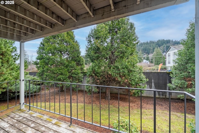 deck with a yard and a fenced backyard