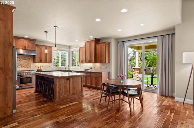 kitchen featuring brown cabinetry, dark wood-style flooring, under cabinet range hood, and stainless steel appliances