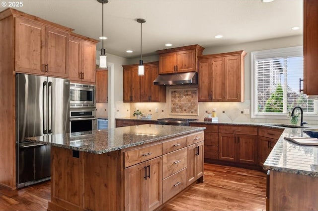 kitchen featuring dark wood finished floors, under cabinet range hood, stainless steel appliances, and a sink
