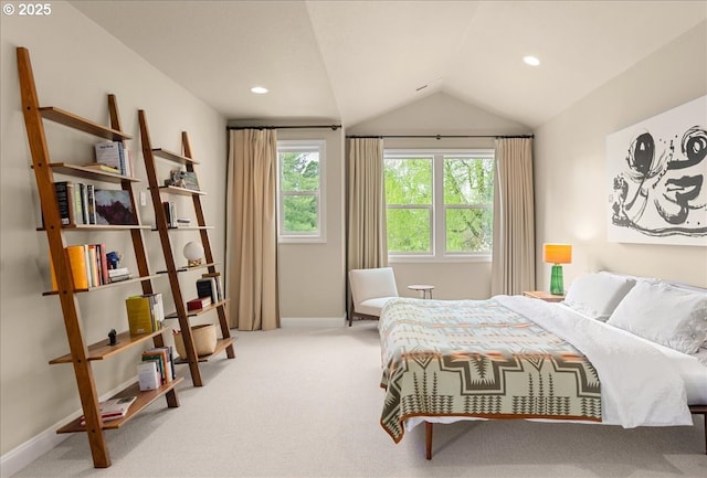 bedroom with recessed lighting, baseboards, vaulted ceiling, and carpet