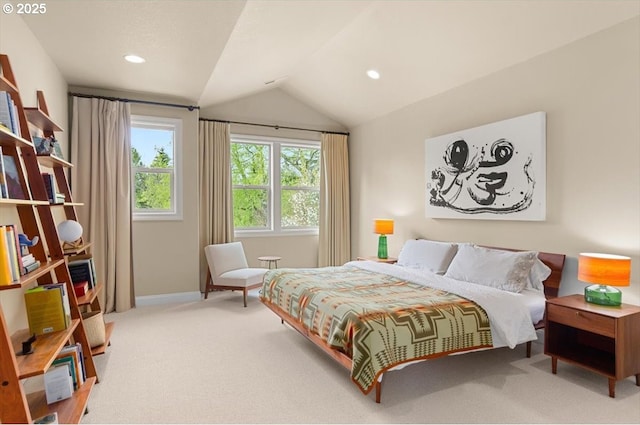 carpeted bedroom with baseboards, lofted ceiling, and recessed lighting