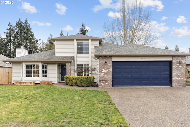 traditional home with a garage, brick siding, driveway, a front lawn, and a chimney