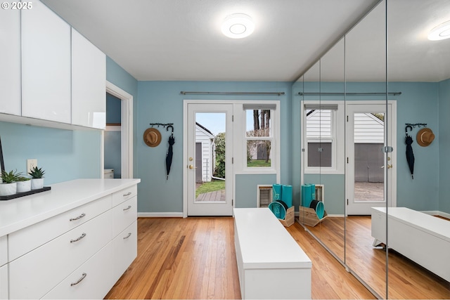 interior space featuring access to exterior, multiple windows, light wood-type flooring, and baseboards