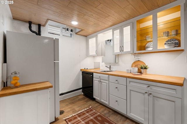 kitchen featuring freestanding refrigerator, butcher block counters, wood ceiling, and dishwasher