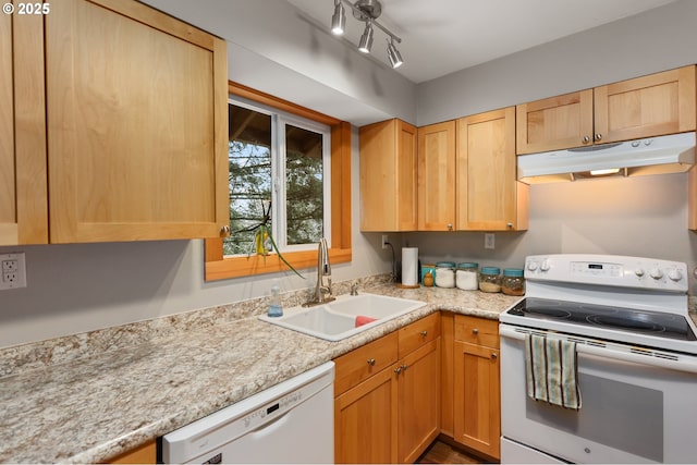 kitchen featuring sink, light brown cabinets, and white appliances