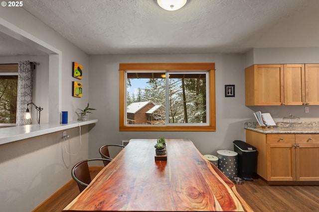 dining room featuring a textured ceiling and light wood-type flooring