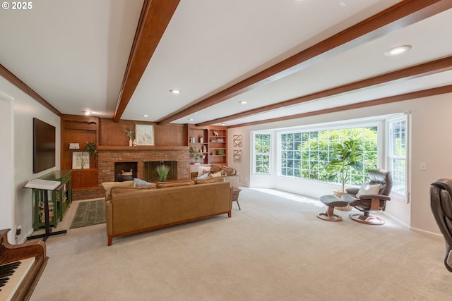 840 Springhill Dr, Albany, OR 97321 - living room featuring light colored carpet, beamed ceiling, healthy amount of natural light, recessed lighting, and a brick fireplace