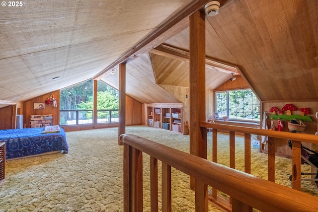 840 Springhill Dr, Albany, OR 97321 - bedroom featuring carpet, lofted ceiling, wooden ceiling, and wooden walls