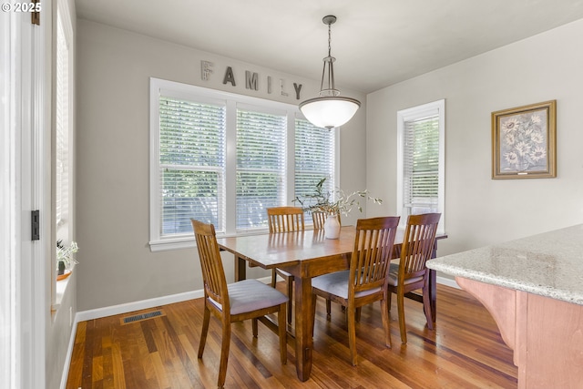 dining room featuring visible vents, baseboards, wood finished floors, and a wealth of natural light