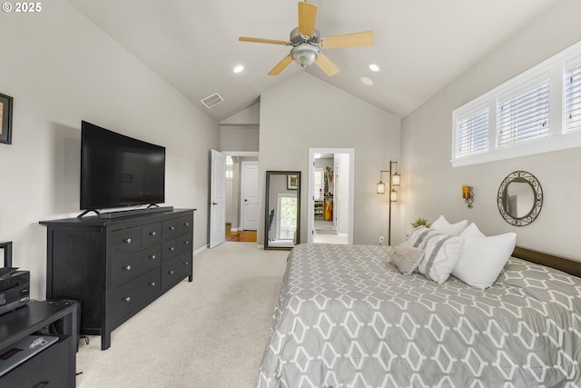 bedroom featuring high vaulted ceiling, light colored carpet, recessed lighting, and visible vents