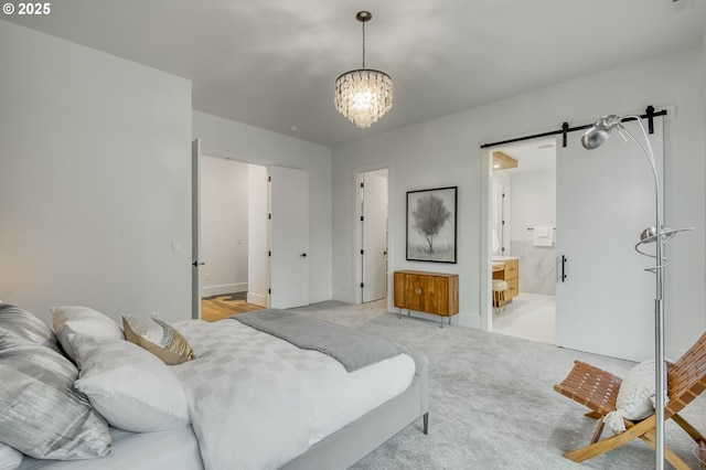 carpeted living room with a barn door and an inviting chandelier