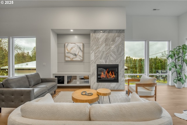 living room featuring a wealth of natural light, a high end fireplace, and hardwood / wood-style flooring