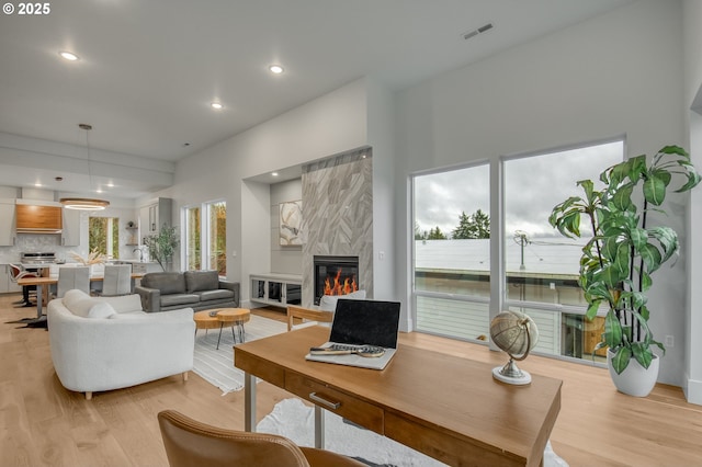 living room featuring a premium fireplace and light wood-type flooring