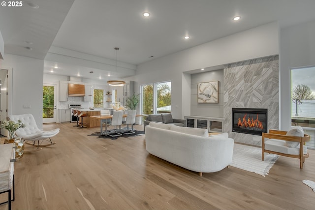 living room featuring a large fireplace and light hardwood / wood-style flooring