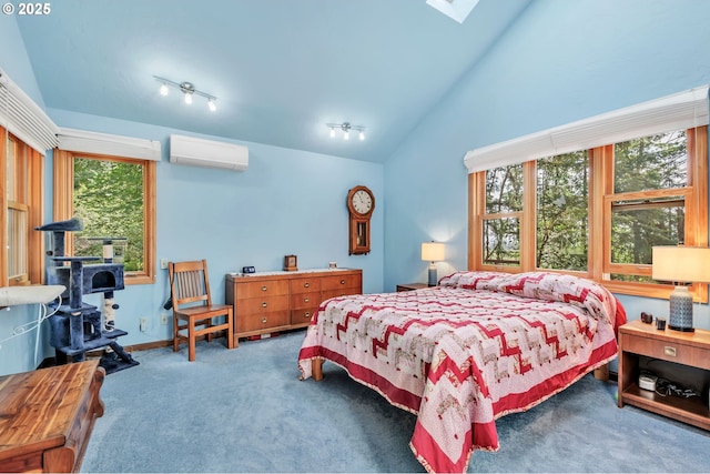 25498 Butler Rd, Junction City, OR 97448 - bedroom featuring an AC wall unit, carpet floors, and lofted ceiling