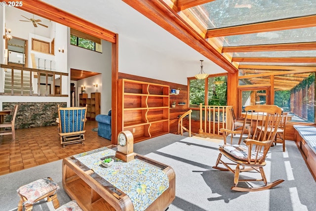 25498 Butler Rd, Junction City, OR 97448 - living room featuring plenty of natural light, ceiling fan, a high ceiling, and built in features
