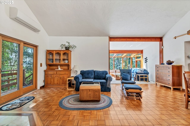 25498 Butler Rd, Junction City, OR 97448 - living room featuring an AC wall unit and lofted ceiling