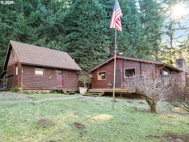 29975 E Meissner Rd, Deer Island, OR 97054 - back of house with a shingled roof, a yard, and a wooden deck