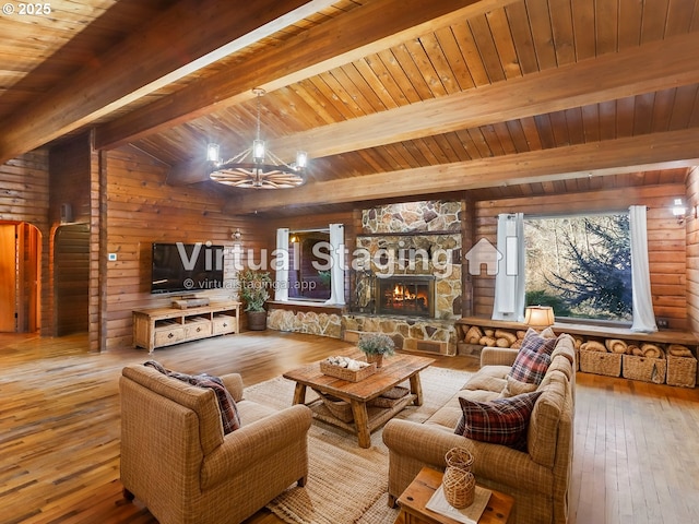 29975 E Meissner Rd, Deer Island, OR 97054 - living room with beam ceiling, a chandelier, wood ceiling, wood-type flooring, and a fireplace