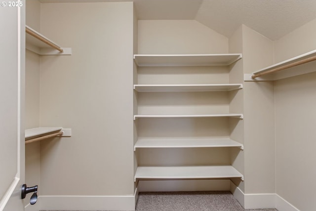 spacious closet featuring lofted ceiling and carpet floors