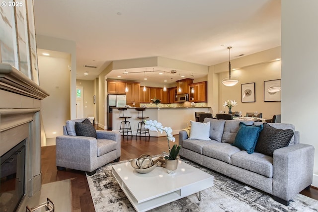 living room featuring dark hardwood / wood-style flooring