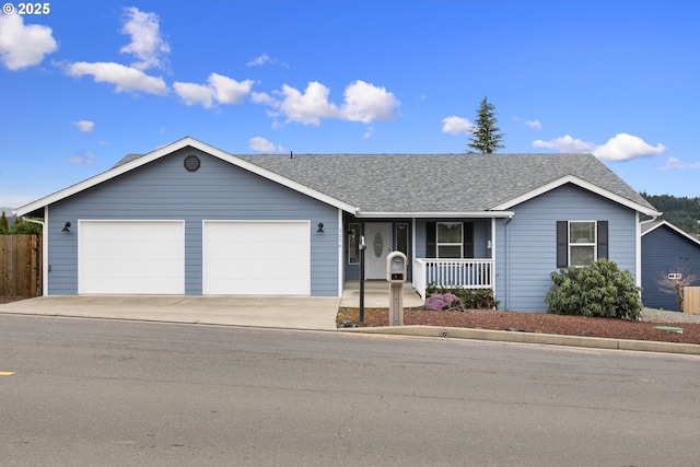 ranch-style house featuring roof with shingles, a porch, an attached garage, fence, and driveway