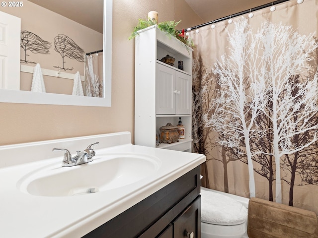 bathroom with vanity, a shower with shower curtain, and toilet