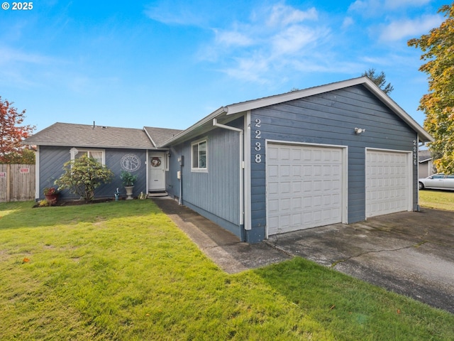 single story home with a front yard and fence