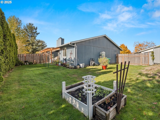 view of yard featuring a vegetable garden and a fenced backyard